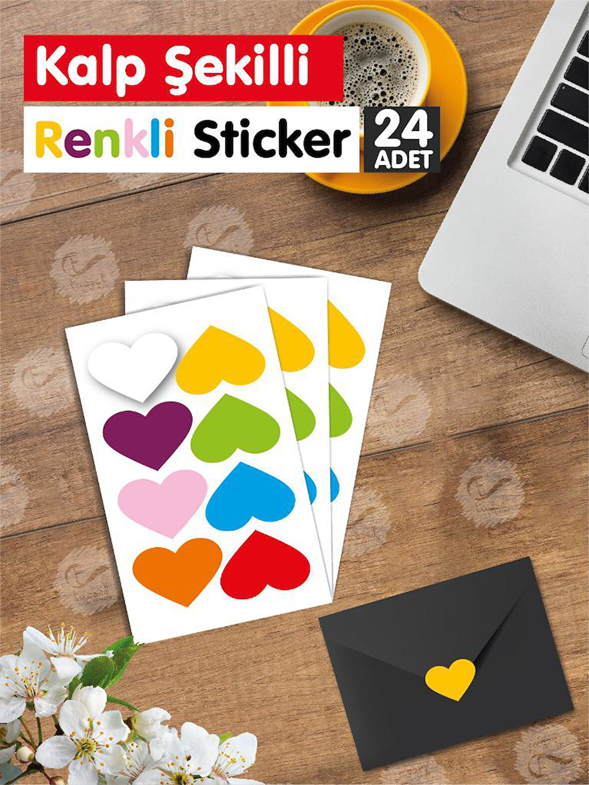 Yapışkanlı Kalp Şekilli Renkli Sticker Etiket Hediye Paketleme Parti Hediyeleri 24 adet 3,5x2,5 cm-T951