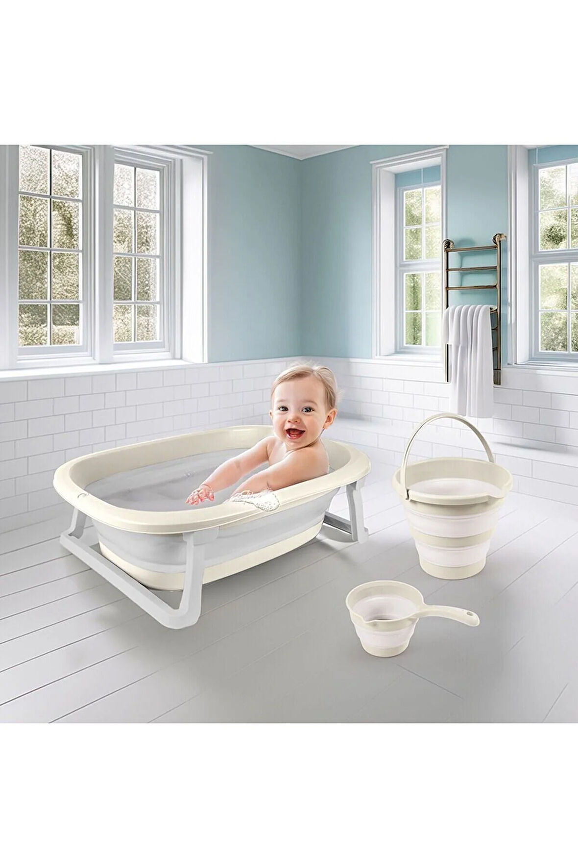 Kız Erkek Çocuk Oyuncak 7271 Katlanabilir Banyo Seti 3lü Bej Kız Erkek Çocuk Oyuncak Eğitici Oyuncak