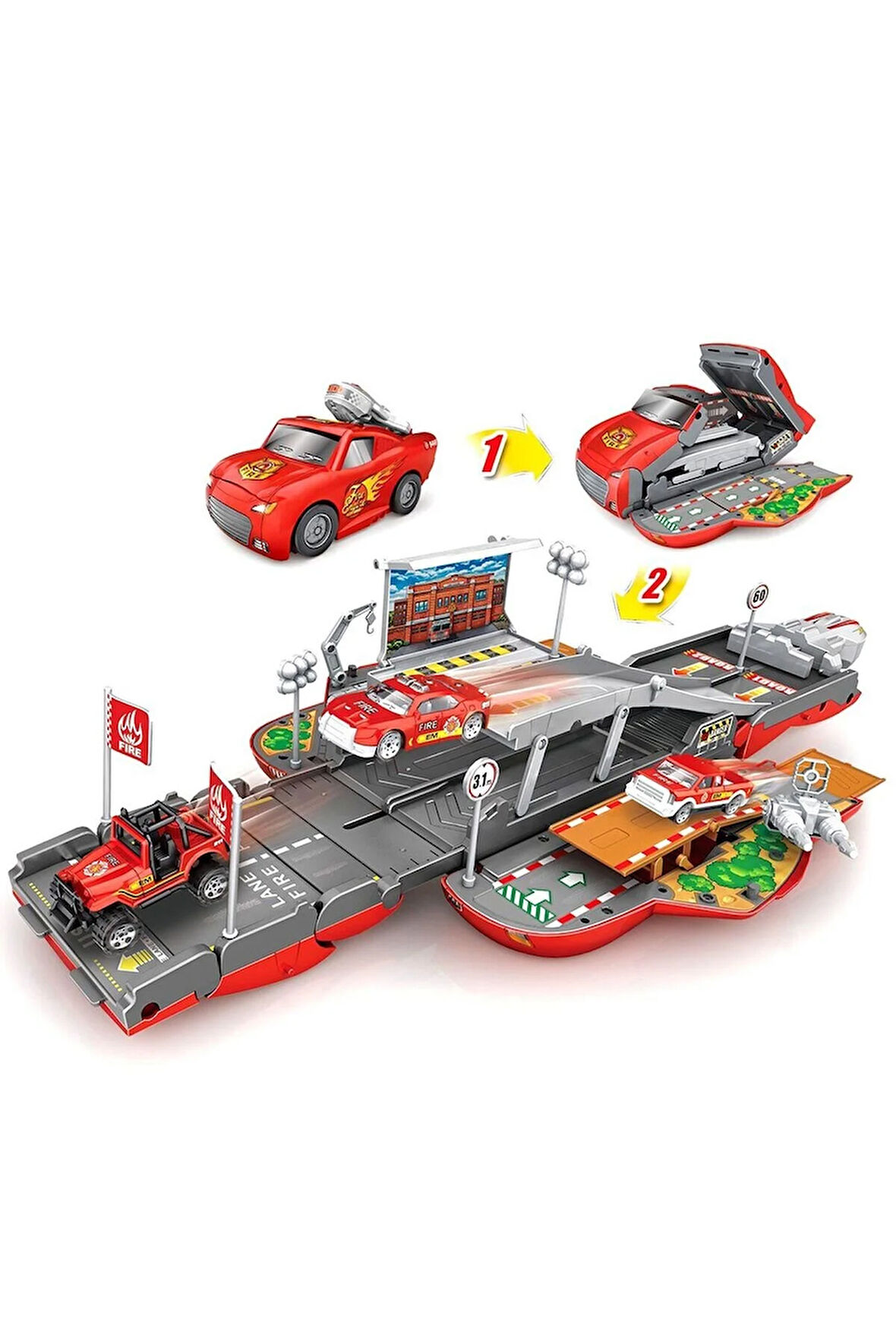 Kız Erkek Çocuk Oyuncak Işıklı ve Sesli Fırlatma Rampasına Dönüşebilen Araba Kız Erkek Çocuk Oyuncak