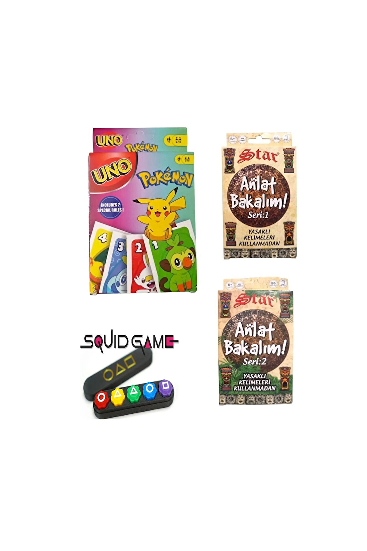 Kız Erkek Çocuk Eğlenceli Oyuncaklar Squid Game 2 Gonggi 5 Taş Pokemon Uno + Anlat Bakalım Seri 1 +