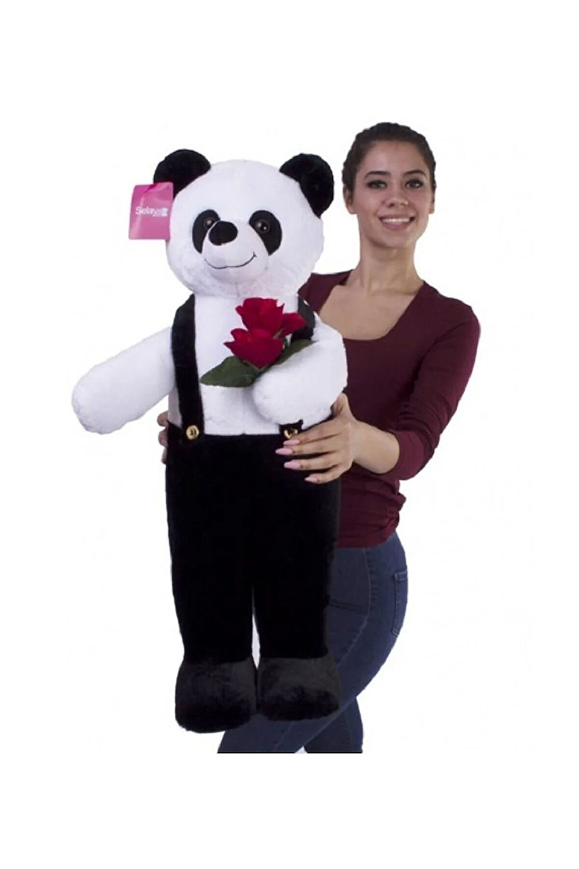 Çocuk Bebek Oyuncakları 75cm Siyah Çiçekli Tulumlu Ayakta Duran Sevimli Peluş Ayıcık Kız Erkek Çocuk