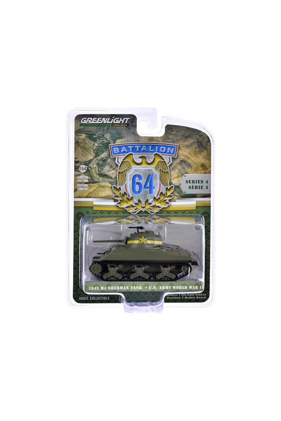 Greenlight 1/64 Battalion 64 Series 4- 1943 M4 Sherman Tank US Army World War II Kız Erkek Çocuk Oyu