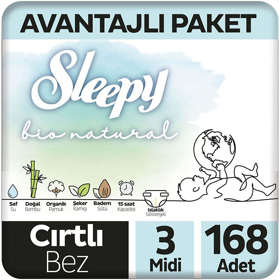 Sleepy Bio Natural Avantajlı Paket Bebek Bezi 3 Numara Midi 168'li