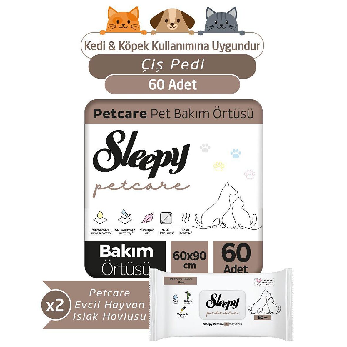 Sleepy Petcare 2X30 Adet Pet Bakım Örtüsü + 2X60 Evcil Hayvan Islak Havlusu