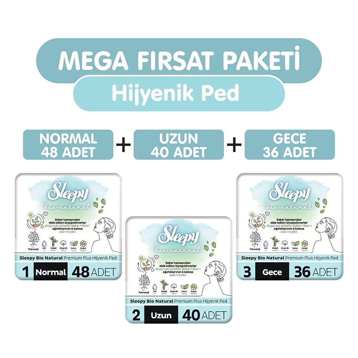 Sleepy Bio Natural Normal Hijyenik Ped 48 Adet + Uzun 40 Adet + Gece 36 Adet