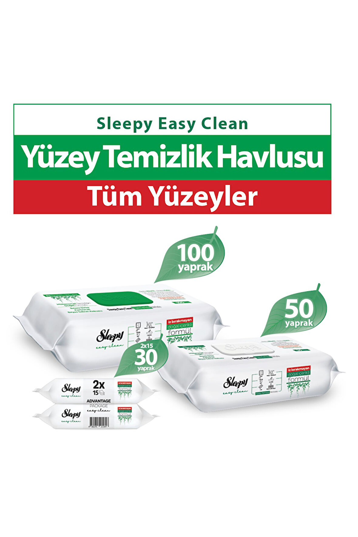 Sleepy Easy Clean Yüzey Temizlik Havlusu&Mendili 100+50+2x15 (180 Yaprak)