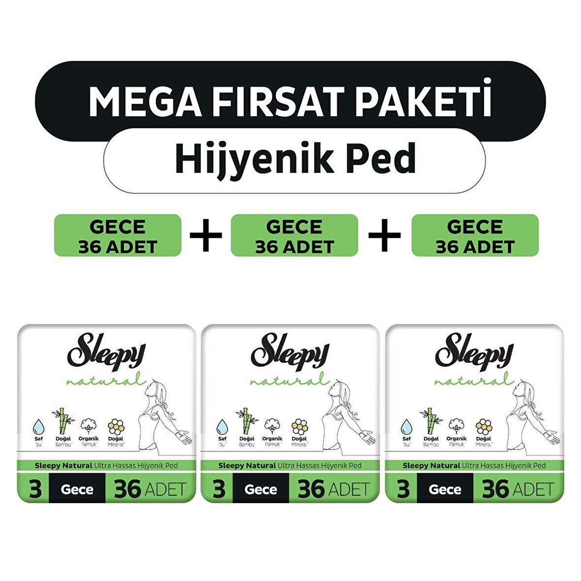 Sleepy Natural Ultra Hassas Hijyenik Ped Mega Fırsat Paketi Gece 108 Adet