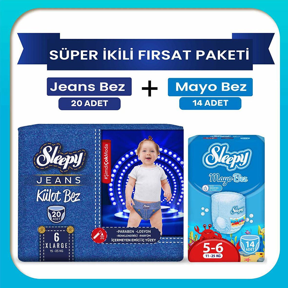 Sleepy Süper ikili Fırsat Paketi(Jeans Külot Bez 6 Numara 20 Adet + Mayo Külot Bez 6 Numara 14 Adet)