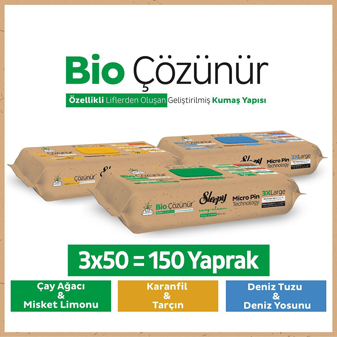 Sleepy Bio Çözünür Yüzey Temizlik Havlusu Karma Paket 3x50 (150 Yaprak)