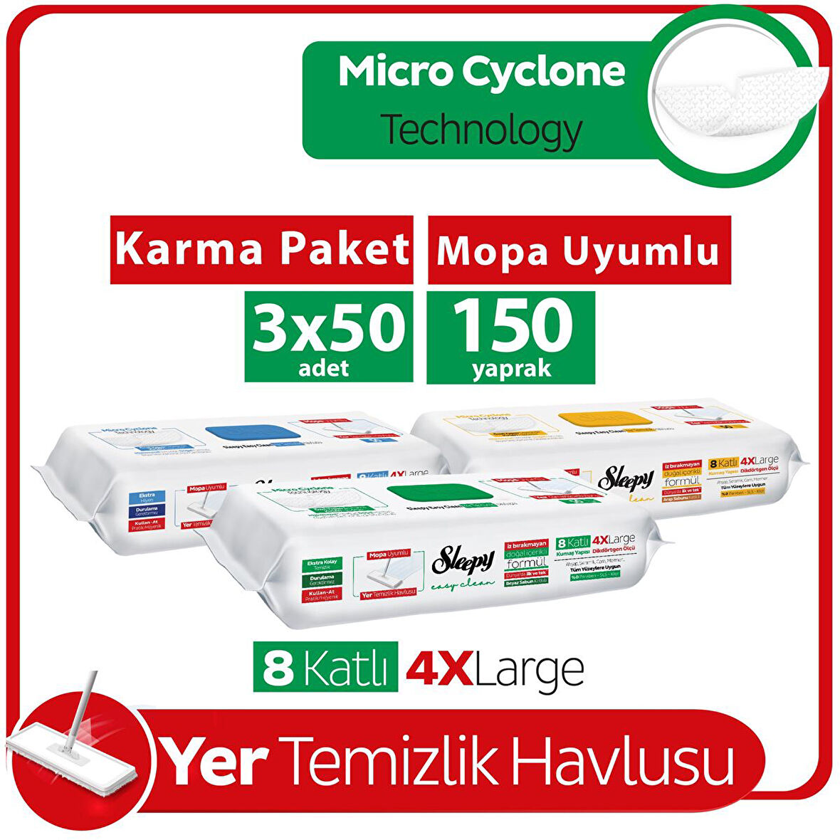 Sleepy Easy Clean Mopa Uyumlu Yer Temizlik Havlusu Karma Paket 3x50 (150 Yaprak)