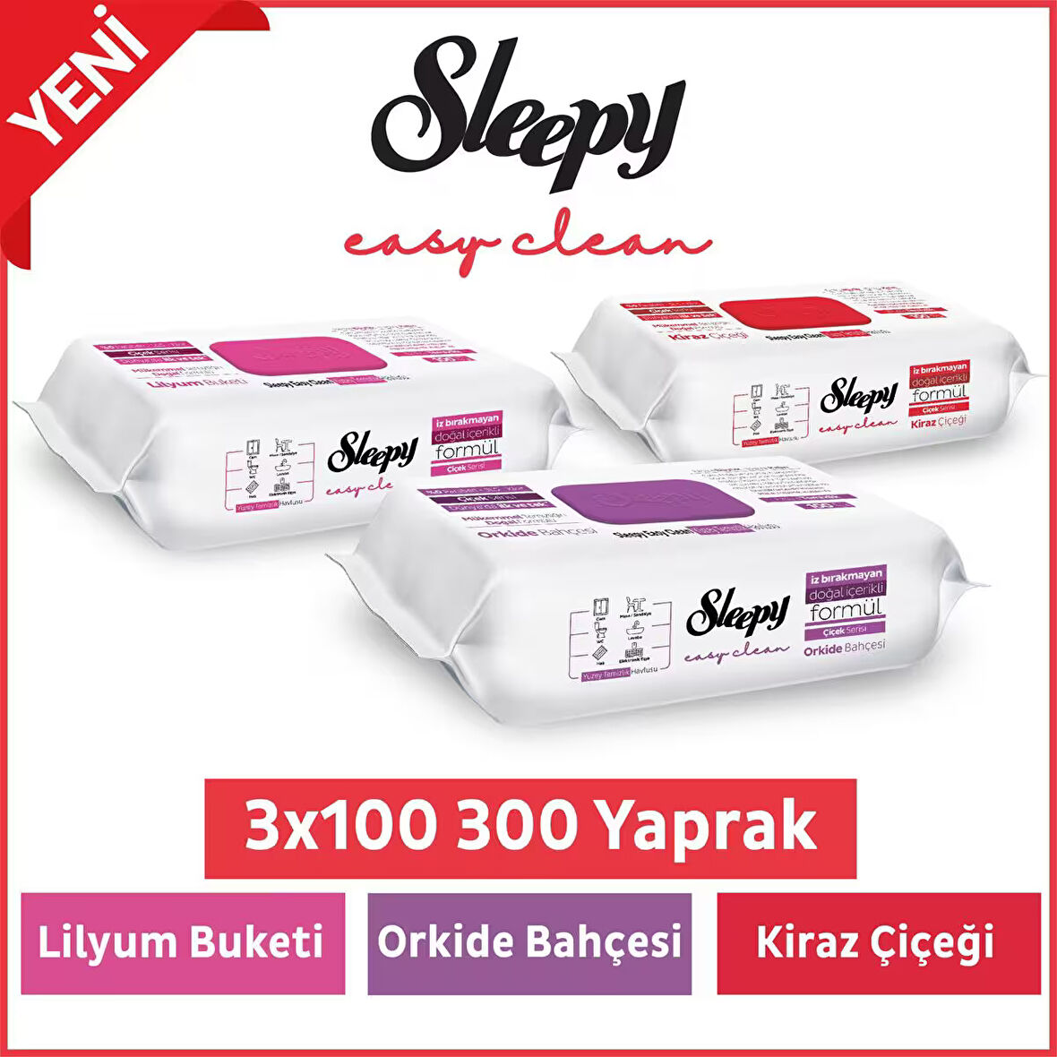 Sleepy Easy Clean Lilyum+ Orkide+ Kiraz Çiçeği Yüzey Temizlik Havlusu&Mendili 3x100 (300 Yaprak)