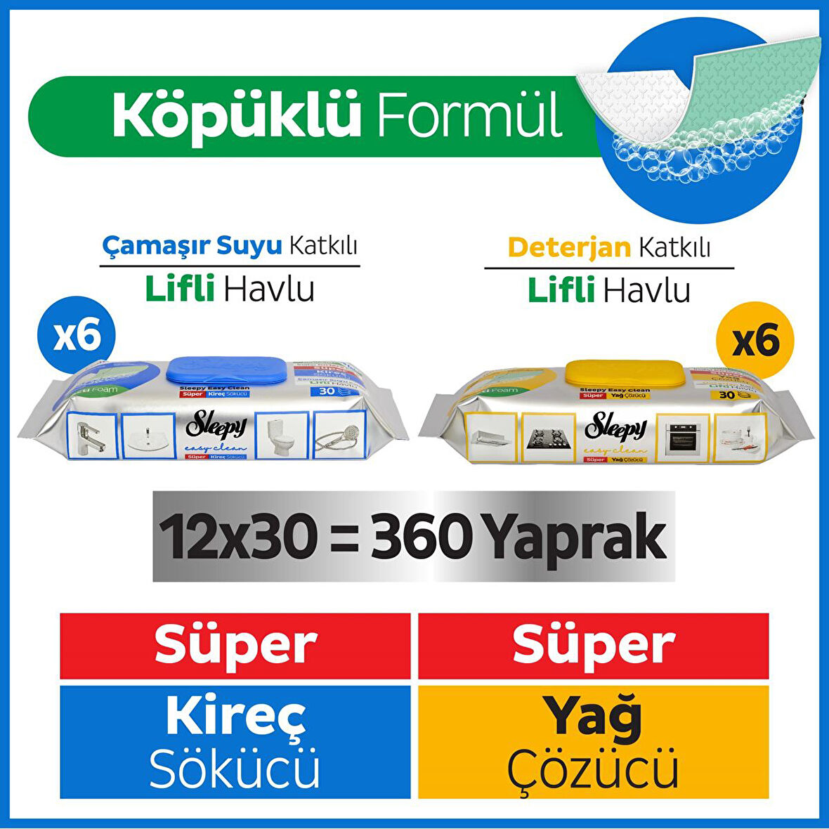 Sleepy Easy Clean Süper Yağ Çözücü&Kireç Sökücü Havlu Karma Paket 12x30 (360 Yaprak)