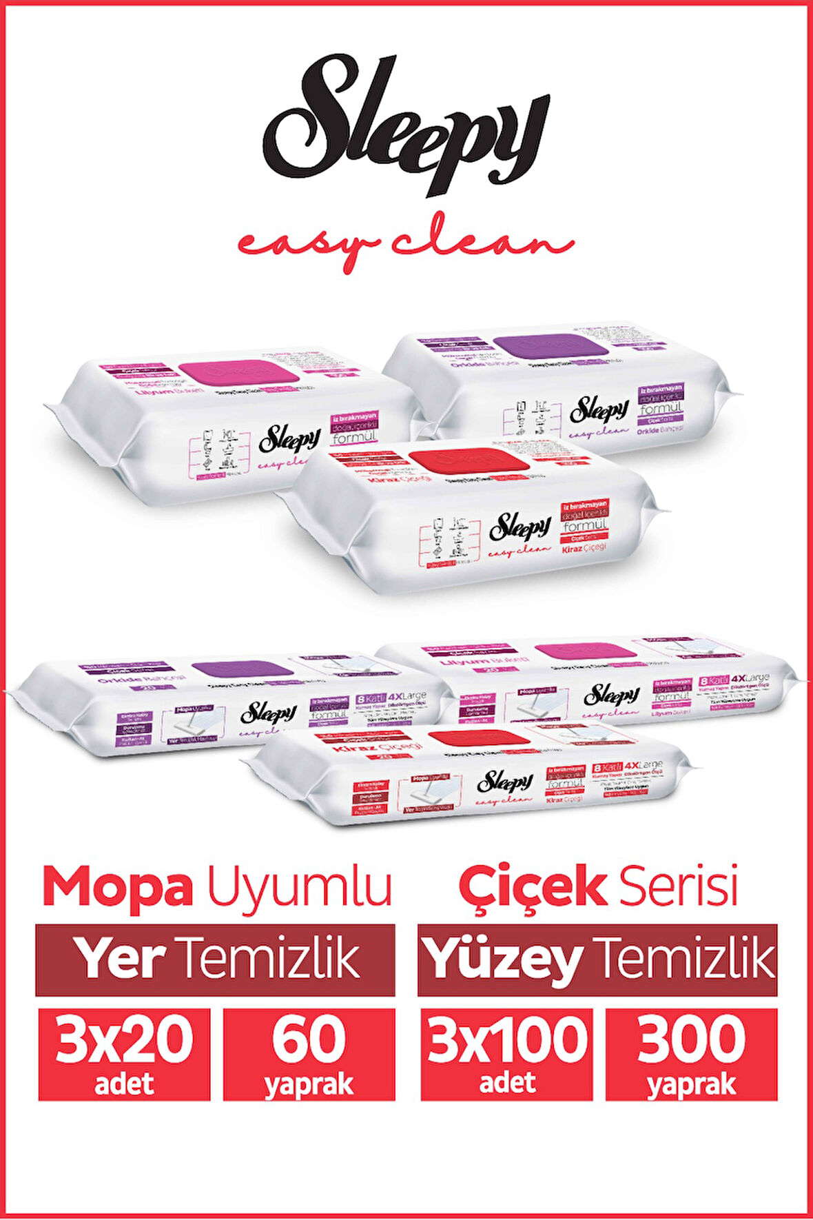 Sleepy Easy Clean Çiçek Serisi 3x100 Yüzey & 3x20 Yer Temizlik Havlusu&Mendili Karma Paket