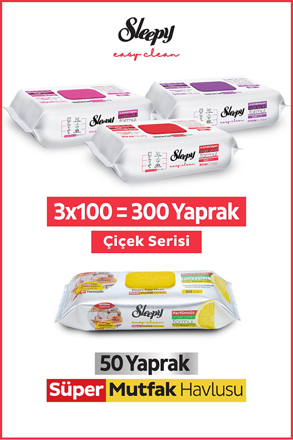 Sleepy Easy Clean Çiçek Serisi&Limon Yağlı Süper Mutfak Yüzey Temizlik Havlusu&Mendili(3x100+50)