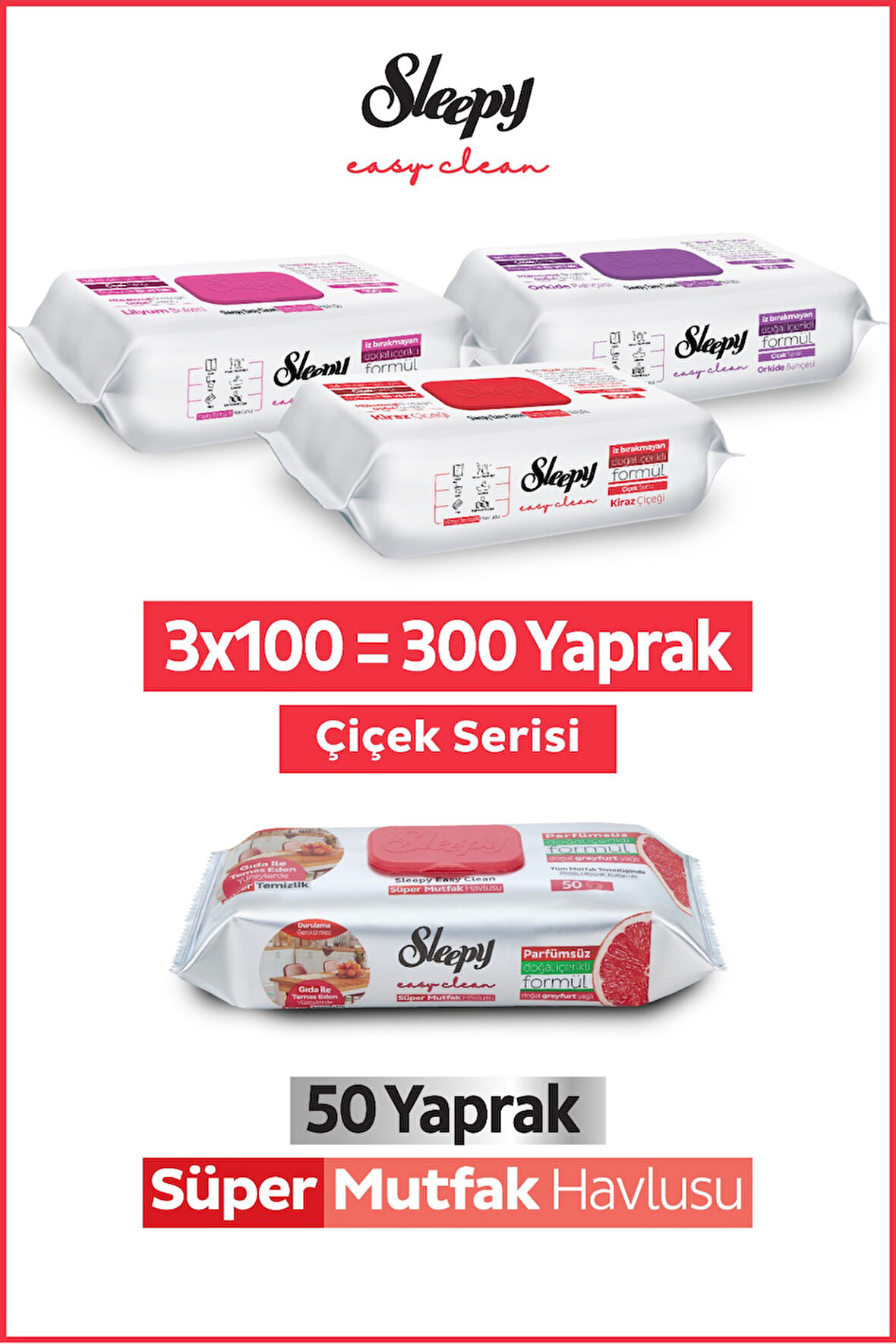 Sleepy Easy Clean Çiçek Serisi&Greyfurt Yağlı Süper Mutfak Yüzey Temizlik Havlusu&Mendili(3x100+50)