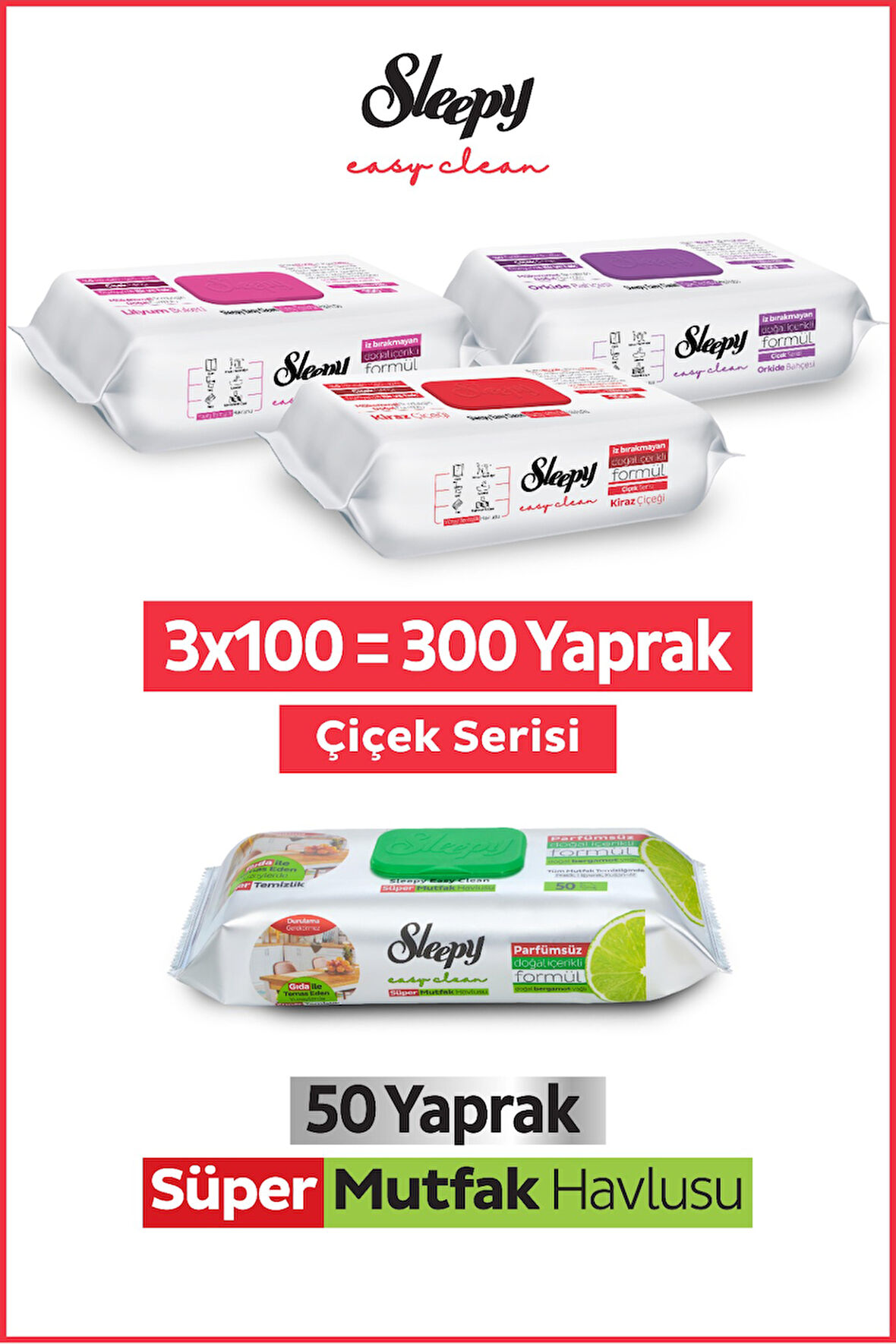 Sleepy Easy Clean Çiçek Serisi&Bergamot Yağlı Süper Mutfak Yüzey Temizlik Havlusu&Mendili(3x100+50)