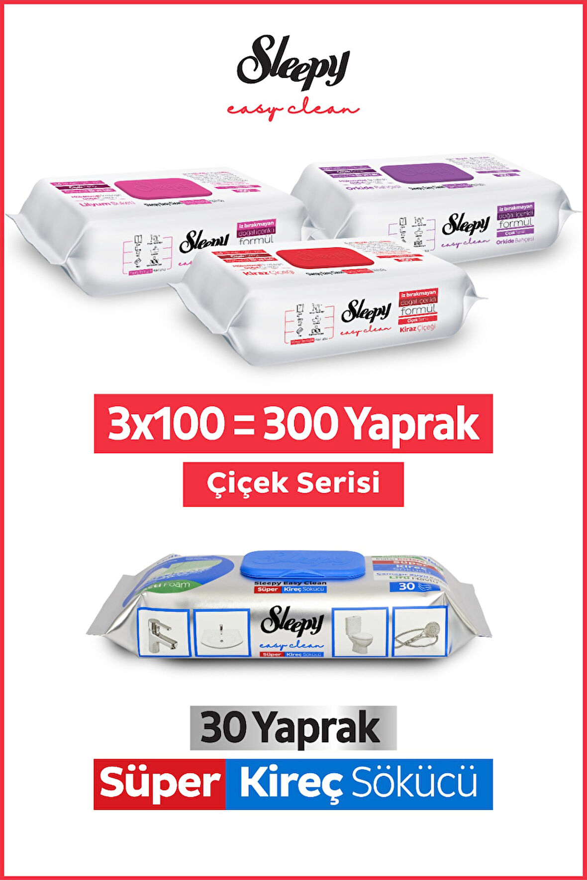 Sleepy Easy Clean Çiçek Serisi&Süper Kireç Sökücü Yüzey Temizlik Havlusu&Mendili(3x100+30)