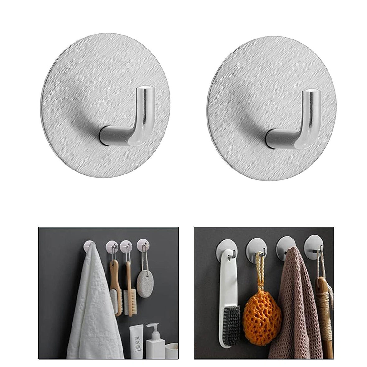 Microcase  Yapışkanlı  Paslanmaz Çelik Banyo Mutfak Eşya Havlu Vb Metal Askılık Yuvarlak Tasarım -GÜMÜŞ AL4935 2 Adet