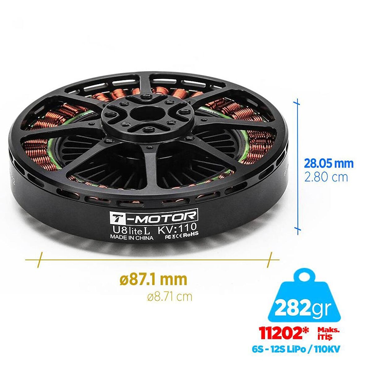 T-Motor U Power Type U8 Lite L 110KV Brushless Fırçasız Brushless Fırçasız UAV Motor Multikopter Multi-rotor Quadcopter Hexacopter Drone Motoru