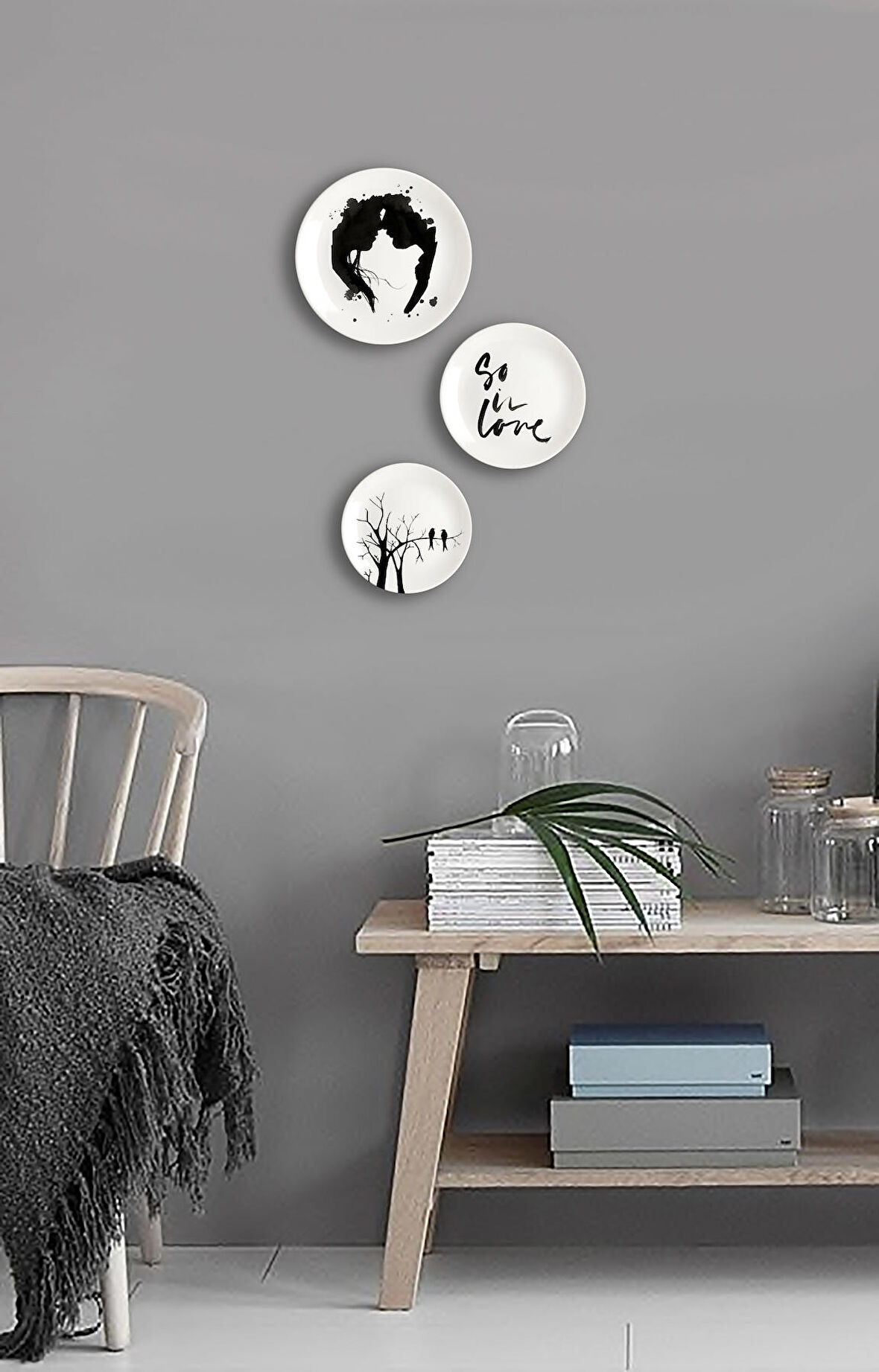 LOVE TEMALI BASKILI PORSELEN 3LÜ DUVAR TABAĞI SETİ V1 BLACK