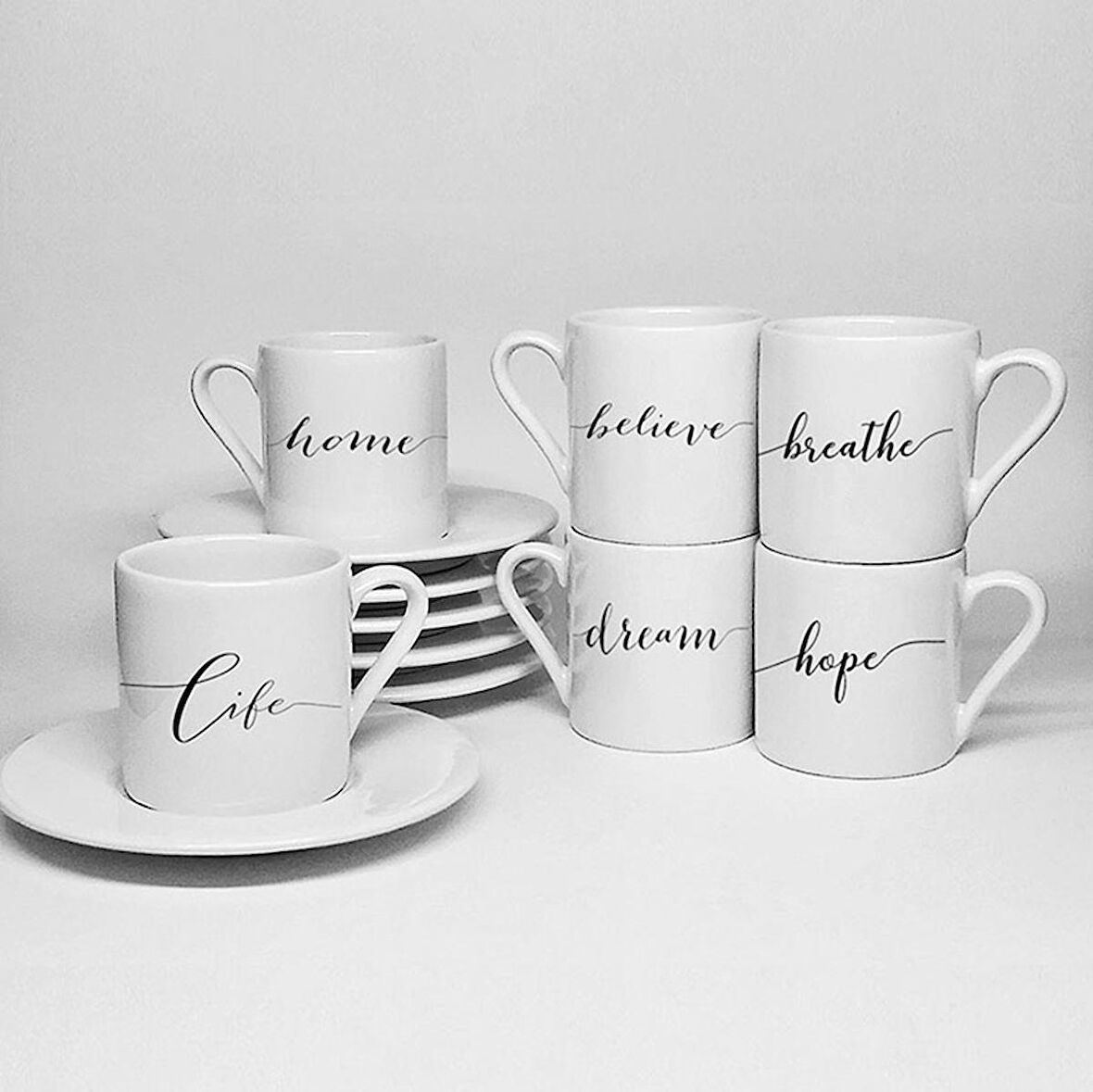 KALİGRAFİ KELİMELER TEMALI BASKILI PORSELEN 6LI TÜRK KAHVESİ FİNCAN TAKIMI