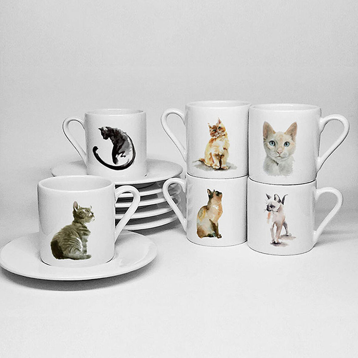 KEDİLER TEMALI BASKILI PORSELEN 6LI TÜRK KAHVESİ FİNCAN TAKIMI
