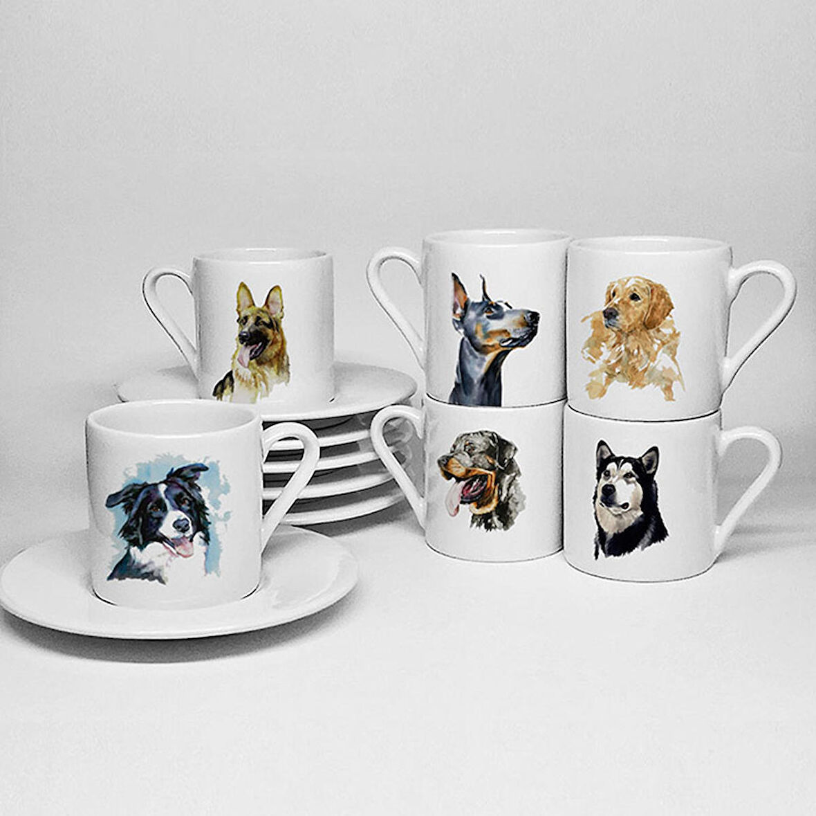 KÖPEKLER TEMALI BASKILI PORSELEN 6LI TÜRK KAHVESİ FİNCAN TAKIMI