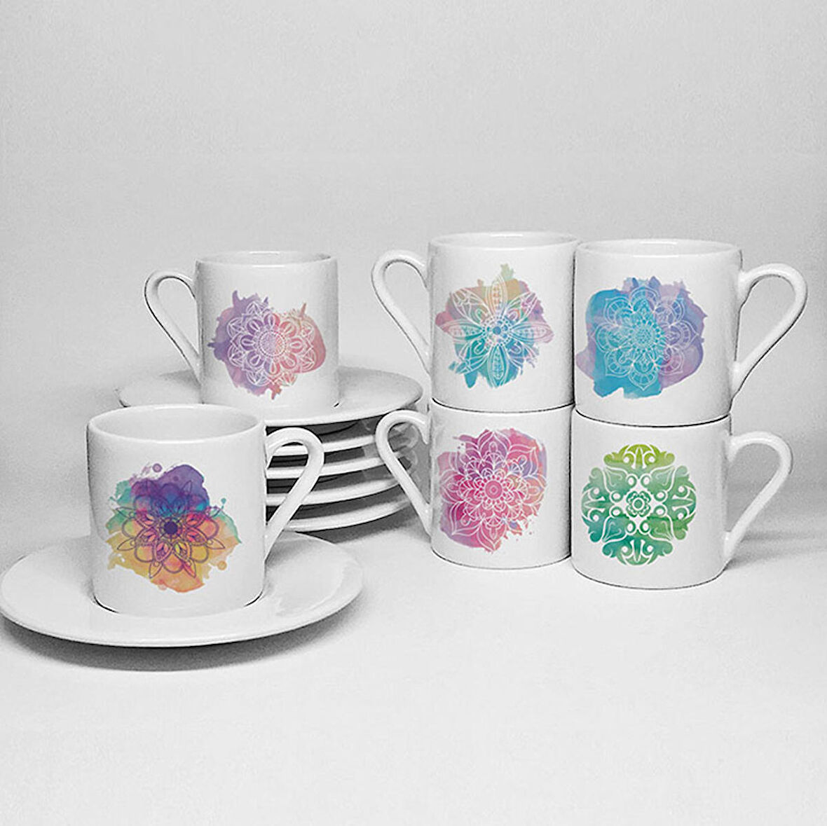 MANDALA TEMALI BASKILI PORSELEN 6LI TÜRK KAHVESİ FİNCAN TAKIMI