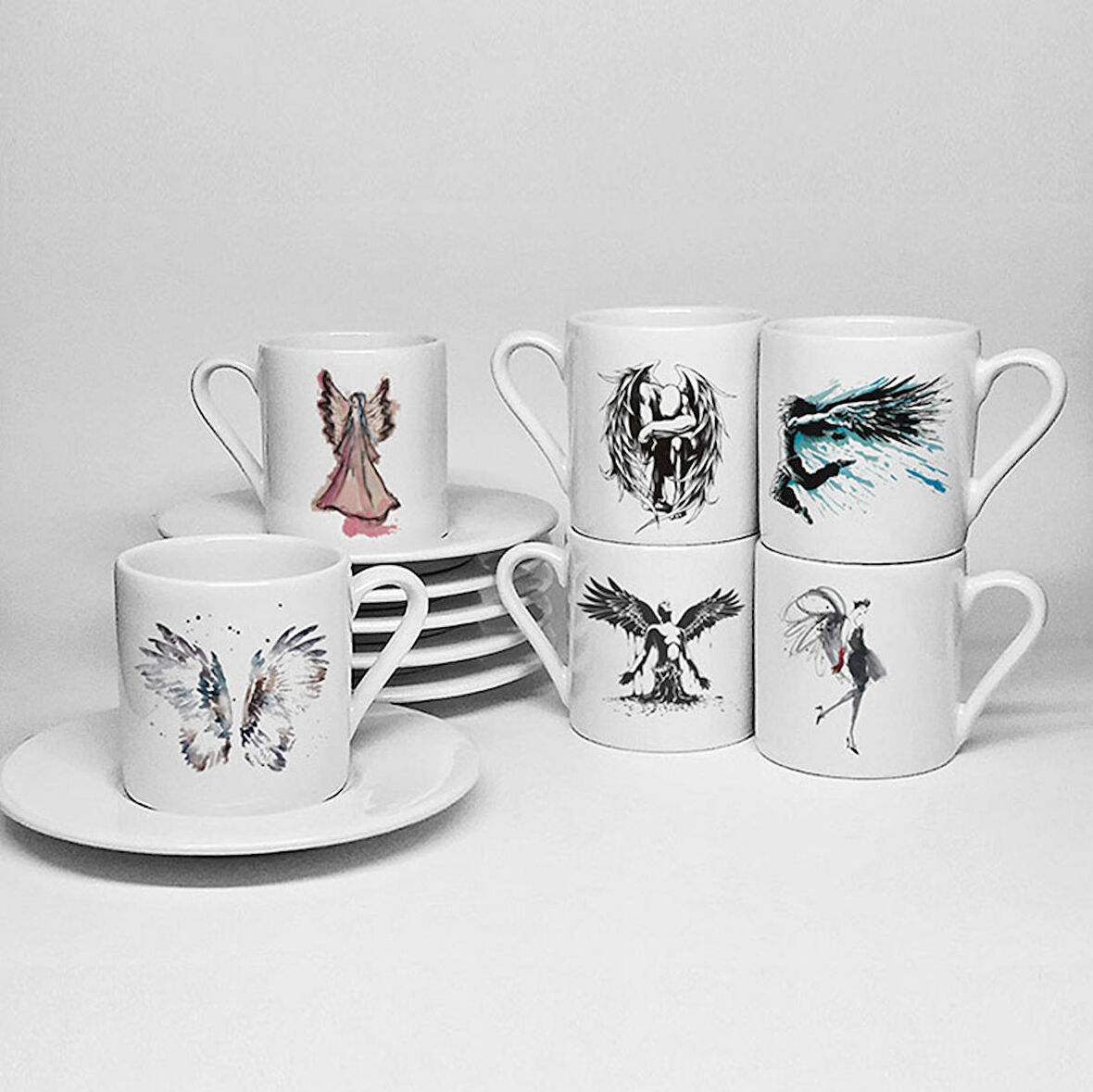 MELEKLER TEMALI BASKILI PORSELEN 6LI TÜRK KAHVESİ FİNCAN TAKIMI