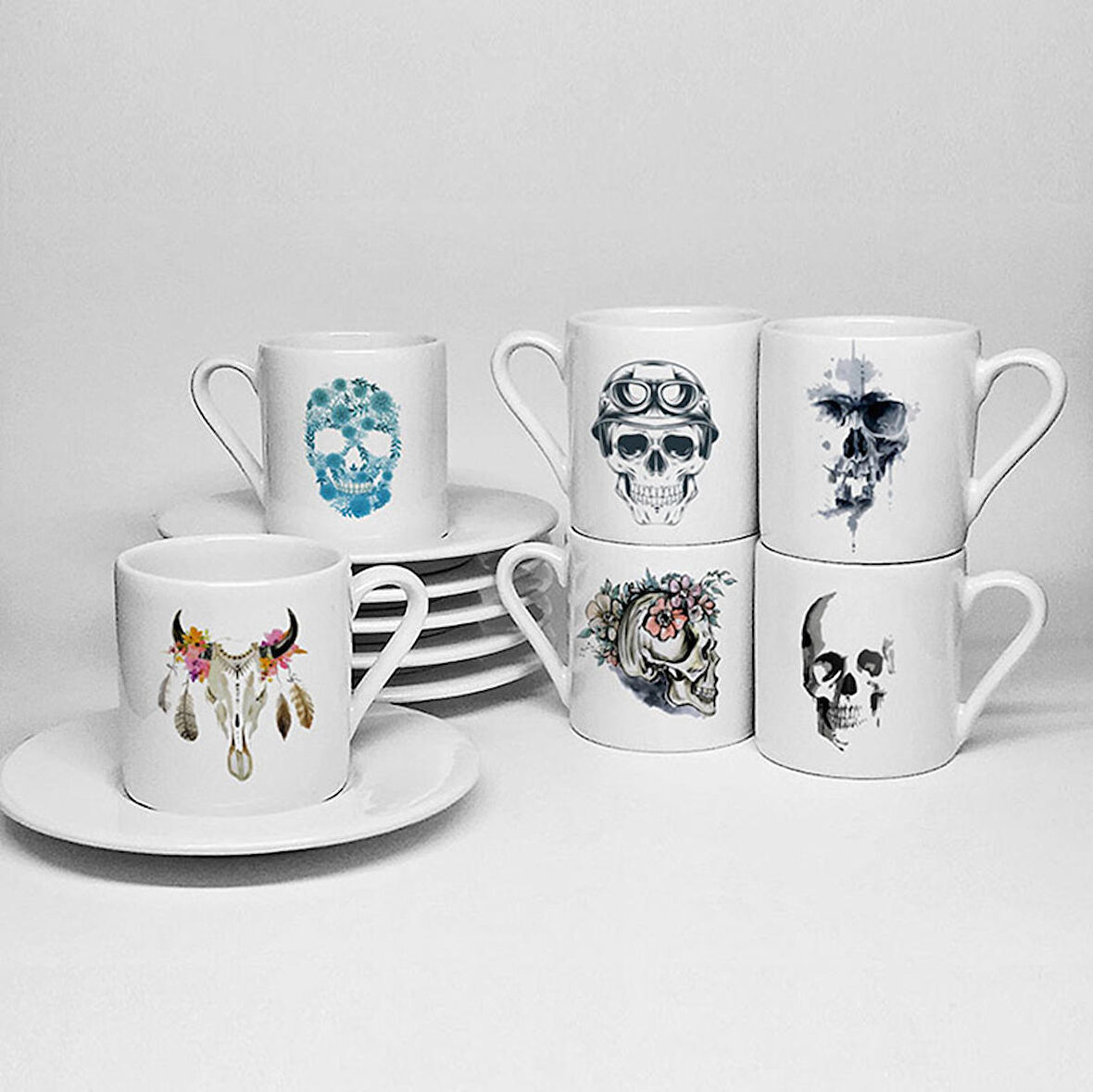 KURUKAFA TEMALI BASKILI PORSELEN 6LI TÜRK KAHVESİ FİNCAN TAKIMI