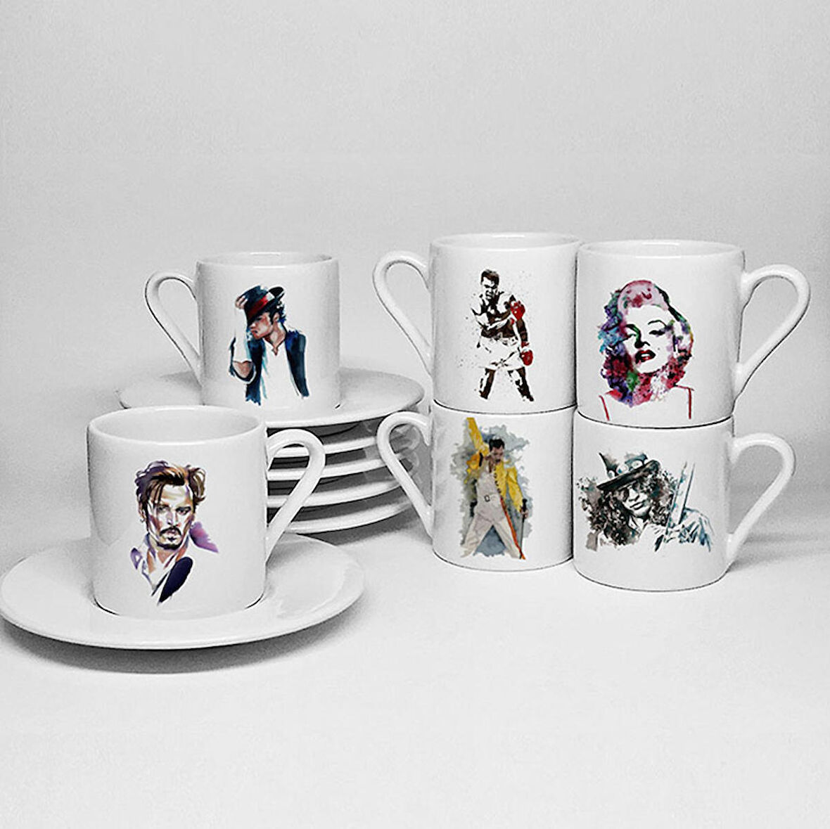 ŞÖHRETLER TEMALI BASKILI PORSELEN 6LI TÜRK KAHVESİ FİNCAN TAKIMI