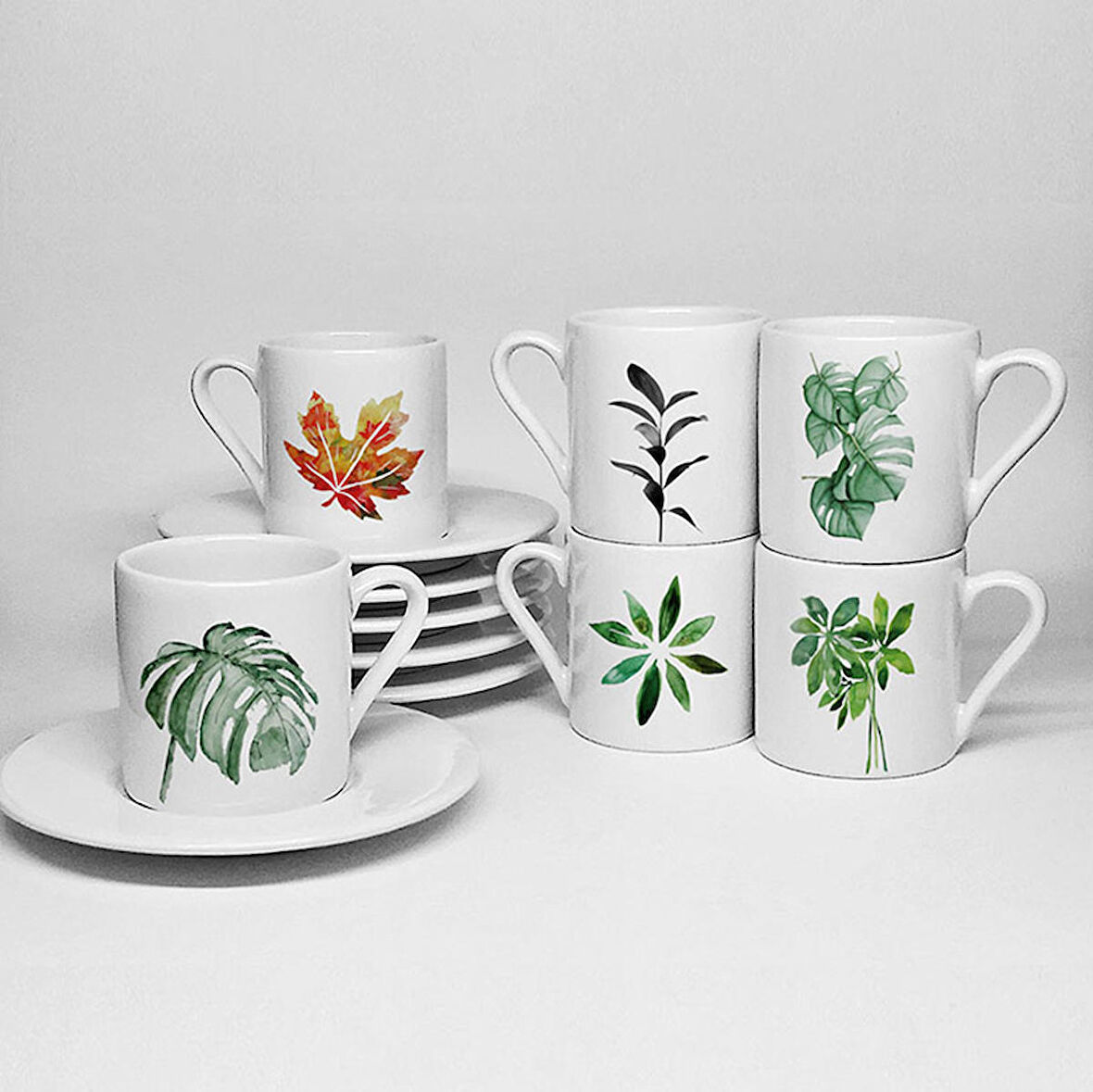 YAPRAK TEMALI BASKILI PORSELEN 6LI TÜRK KAHVESİ FİNCAN TAKIMI