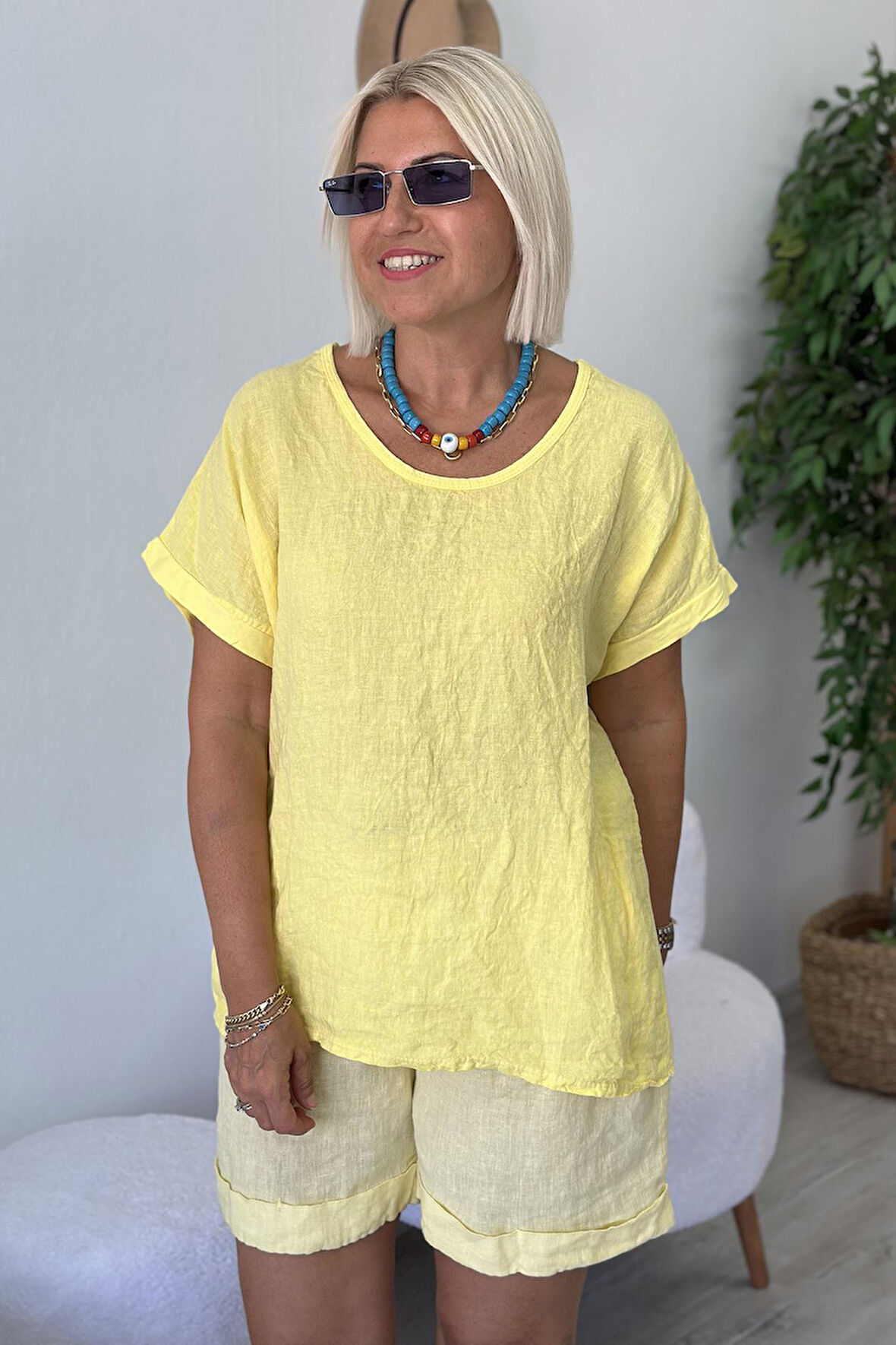 Sarı Sırt Dantel Detay Keten Penye Garnili Bluz