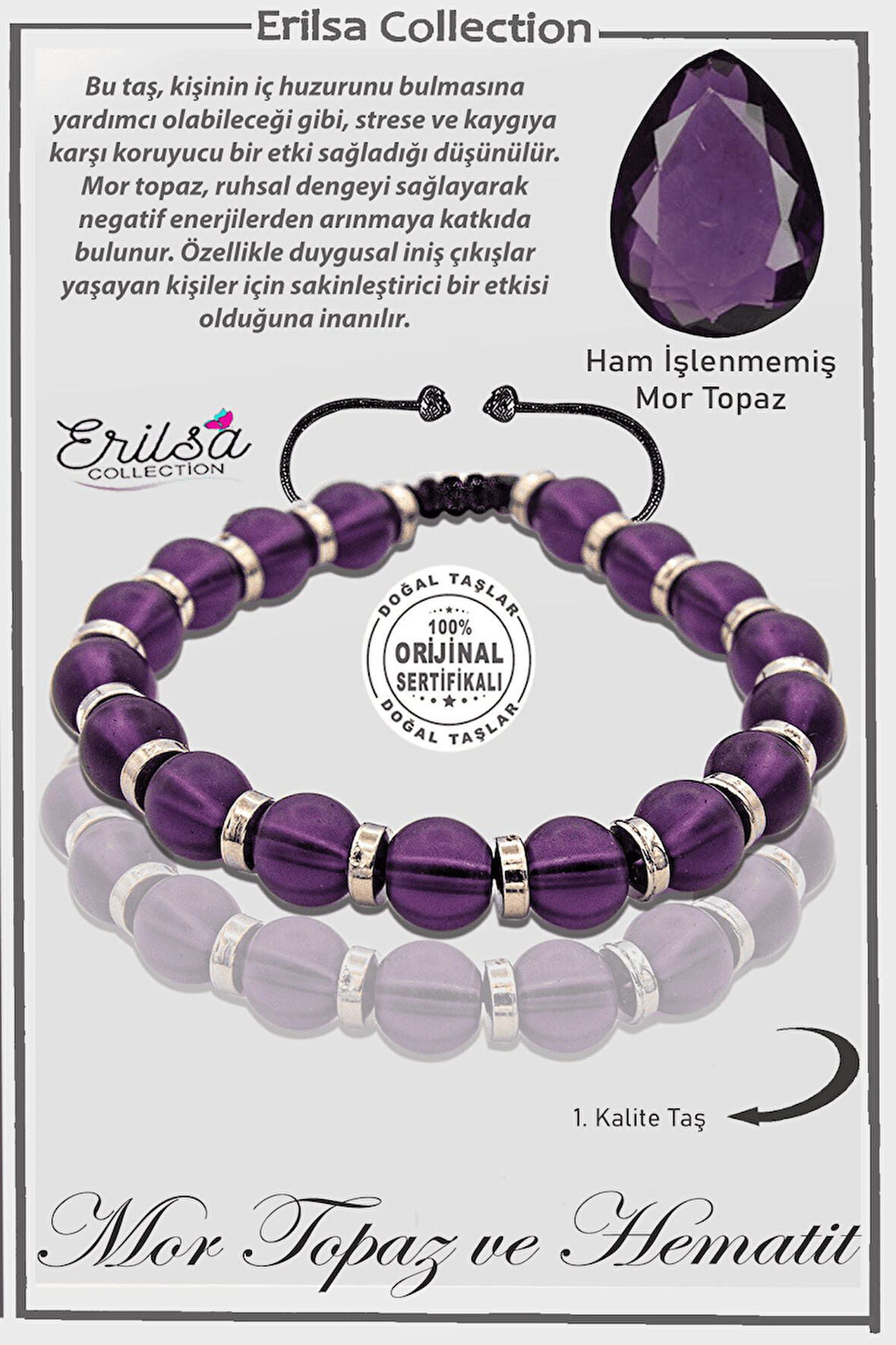 Sertifikalı Ham İşlenmemiş Hematit - Mor Topaz Taşı Bileklik