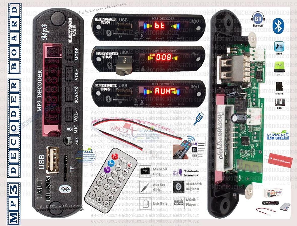 EU-01-12 VOLT UZAKTAN KUMANDALI DİJİTAL USB AUX BLUETOOTH MP3 SES VE MÜZİK MODÜLÜ MİKROFON