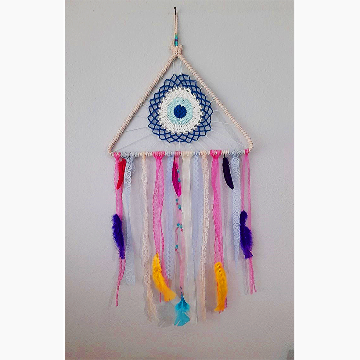 Üçgen Özel Tasarım Düş Kapanı, Rüya Kapanı, Duvar Süsü, Hediyelik Nazar Boncuklu Balkon Süsü, Dreamcatcher