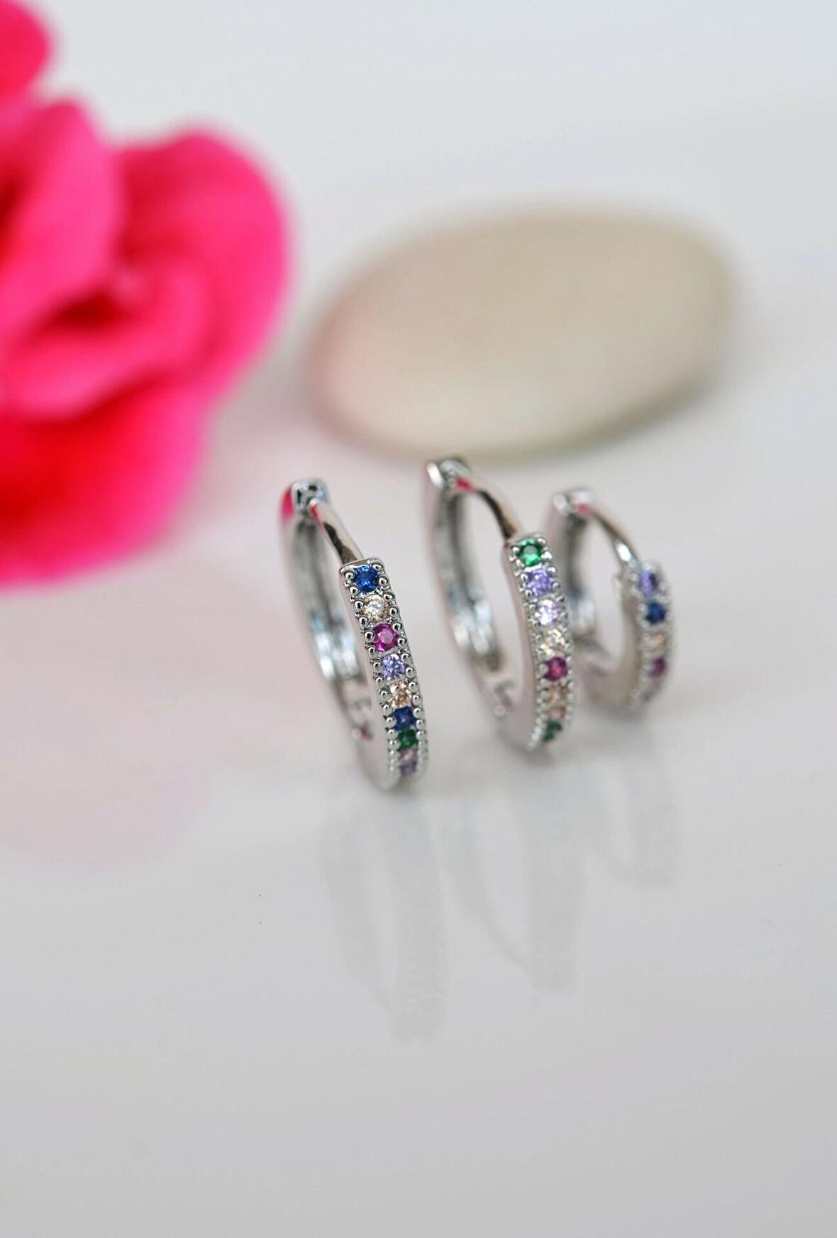 Multicolor Renkli İnce Halka Küpe Seti 3 Parça Gümüş Renkli