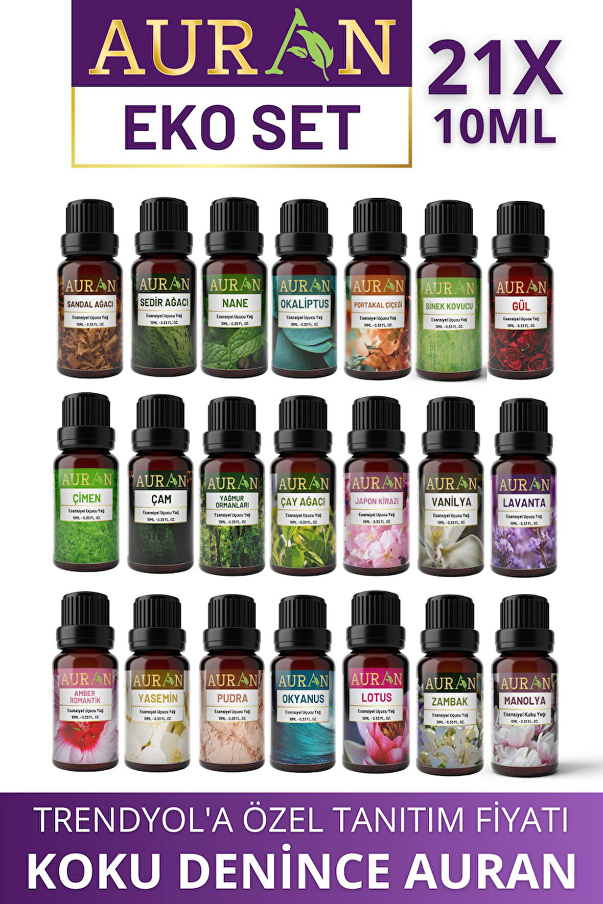 Eko Set Saf Esansiyel Uçucu Yağ Buhurdanlık Yağı Difüzör Esansı Aromaterapi Ortam Koku Yağı 21x 10ml