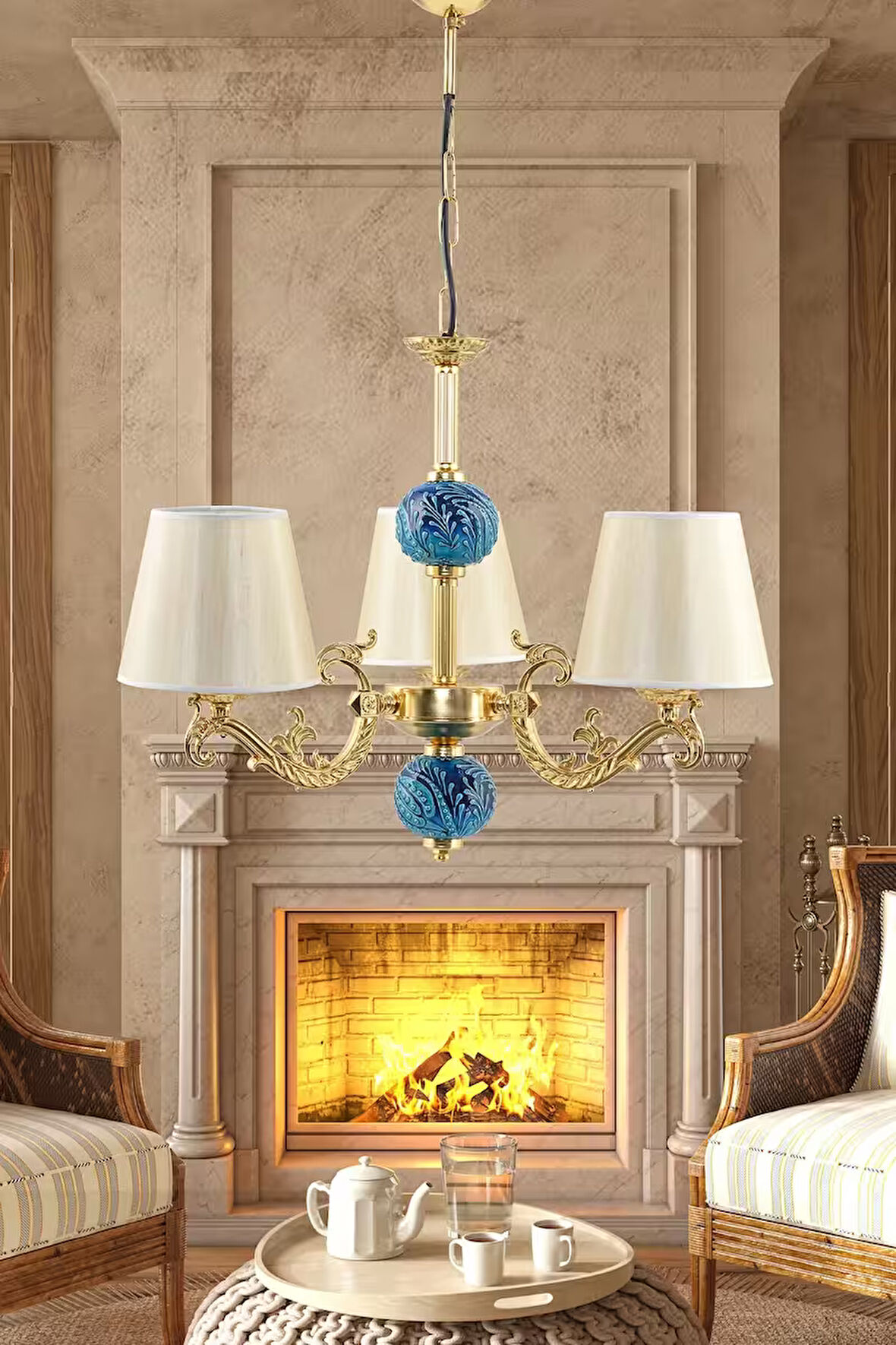 Üç Kollu Zamak Avize Gold Mavi Çinili Gold Şapkalı