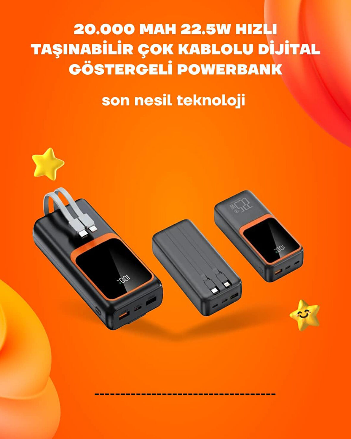 Powerbank 20000 mAh | 22.5W Hızlı Şarj, Dahili Kablolu, LCD Ekranlı Şarj Cihazı