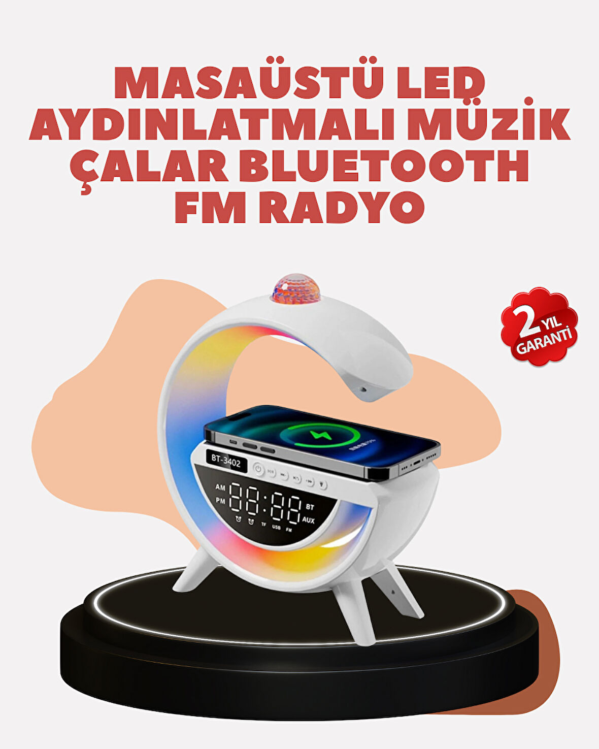 Bluetooth 5.0 Kablosuz Şarj Rampalı FM Radyo ve RGB Işıklı Hoparlör