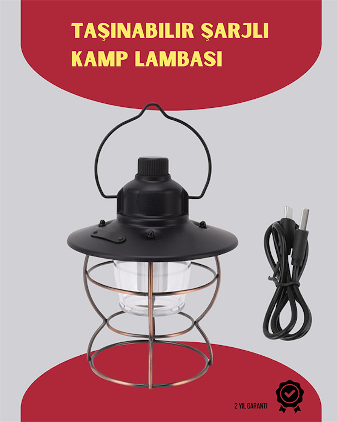 USB Şarjlı Retro LED Kamp Feneri – 4 Işık Modu, Su Geçirmez, Taşınabilir