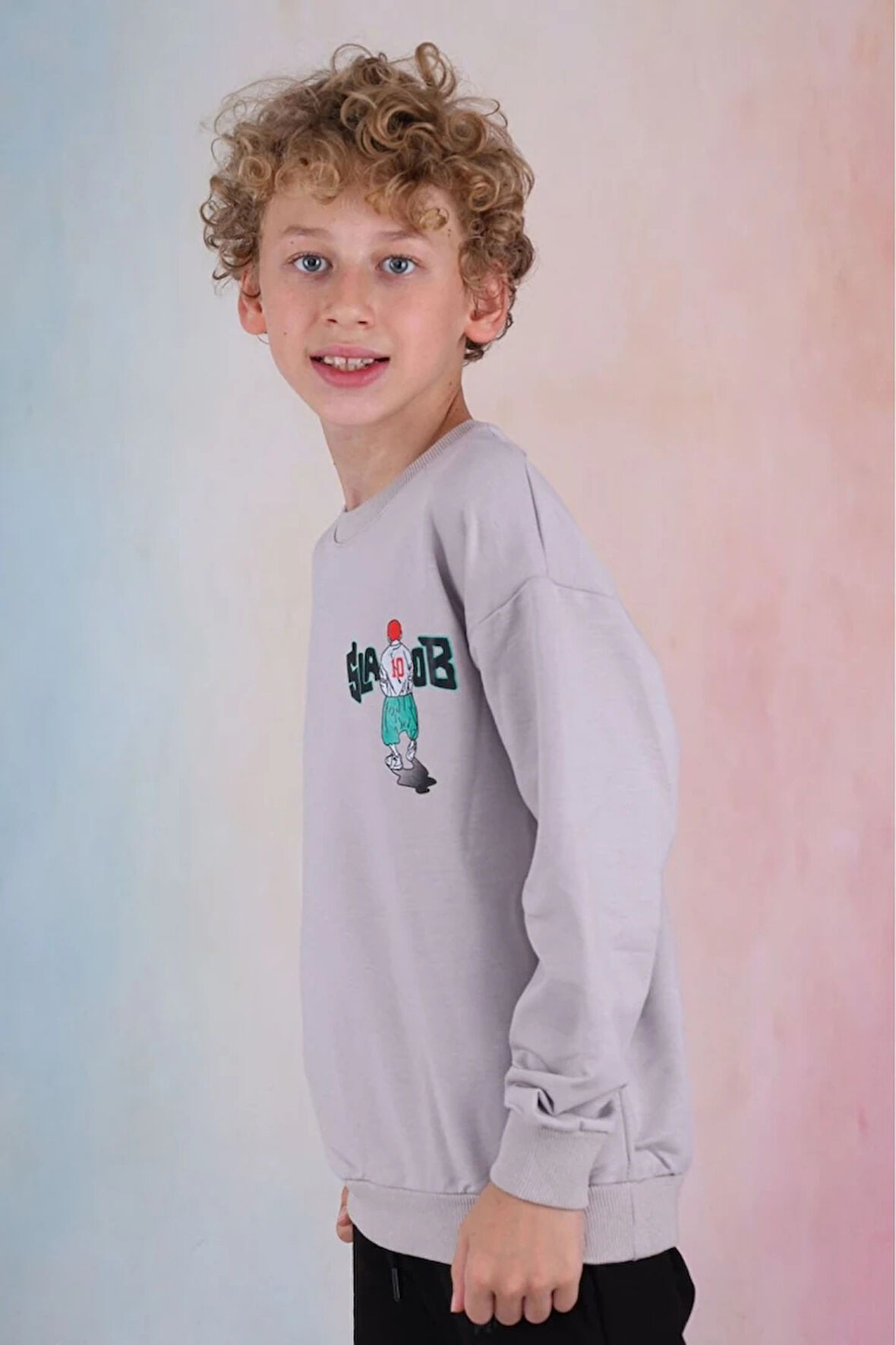 Black Slaob 2İp Erkek Çocuk Sweatshirt Gri 7-16 Yaş Defne033-G
