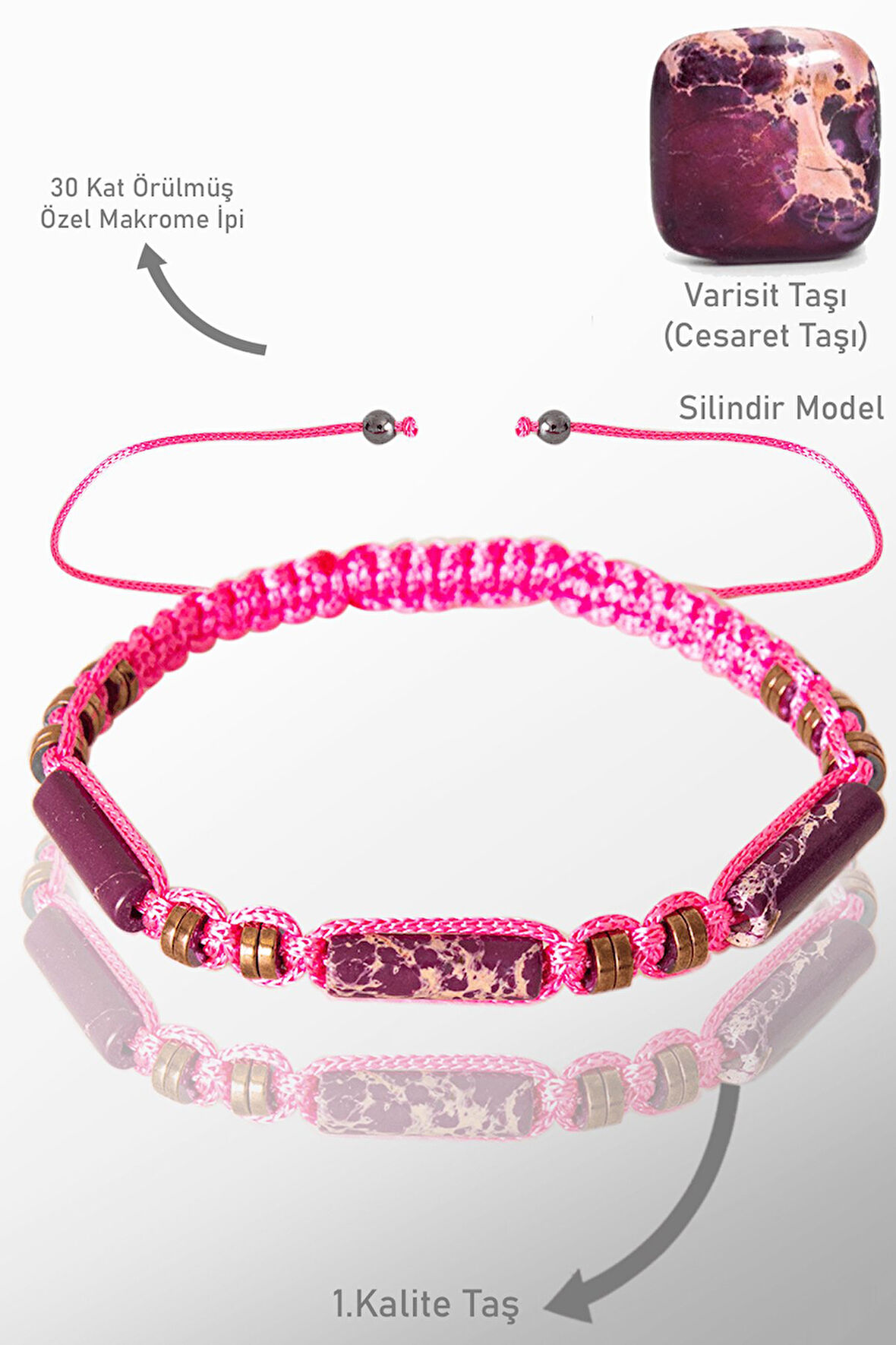 Sertifikalı Silindir Gerçek Hematit - Mor Varisit Taşı Bileklik - Ayarlamalı