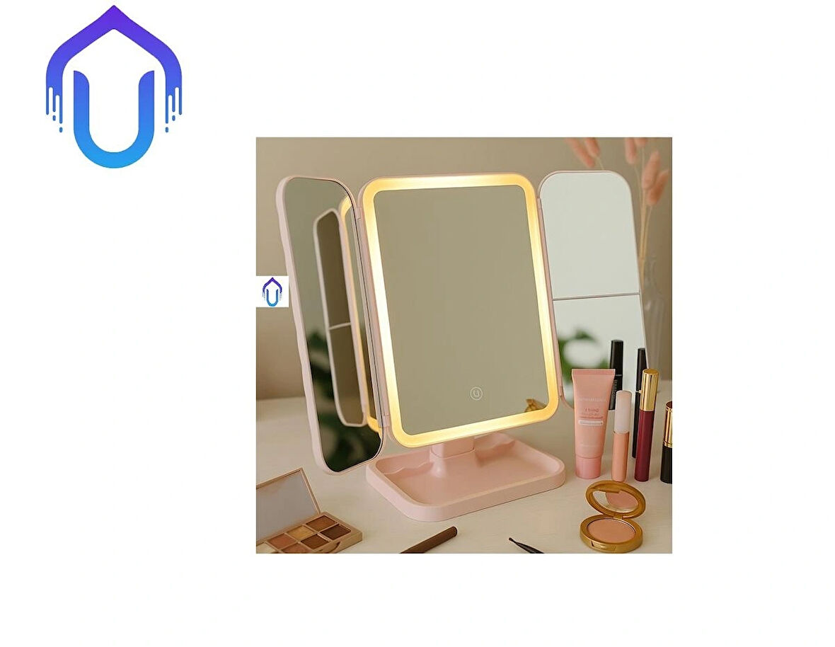 LED Işıklı Katlanabilir Şarjlı Makyaj Aynası – Pembe | 3 Işık Modu, Taşınabilir & Büyüteçli Ayna