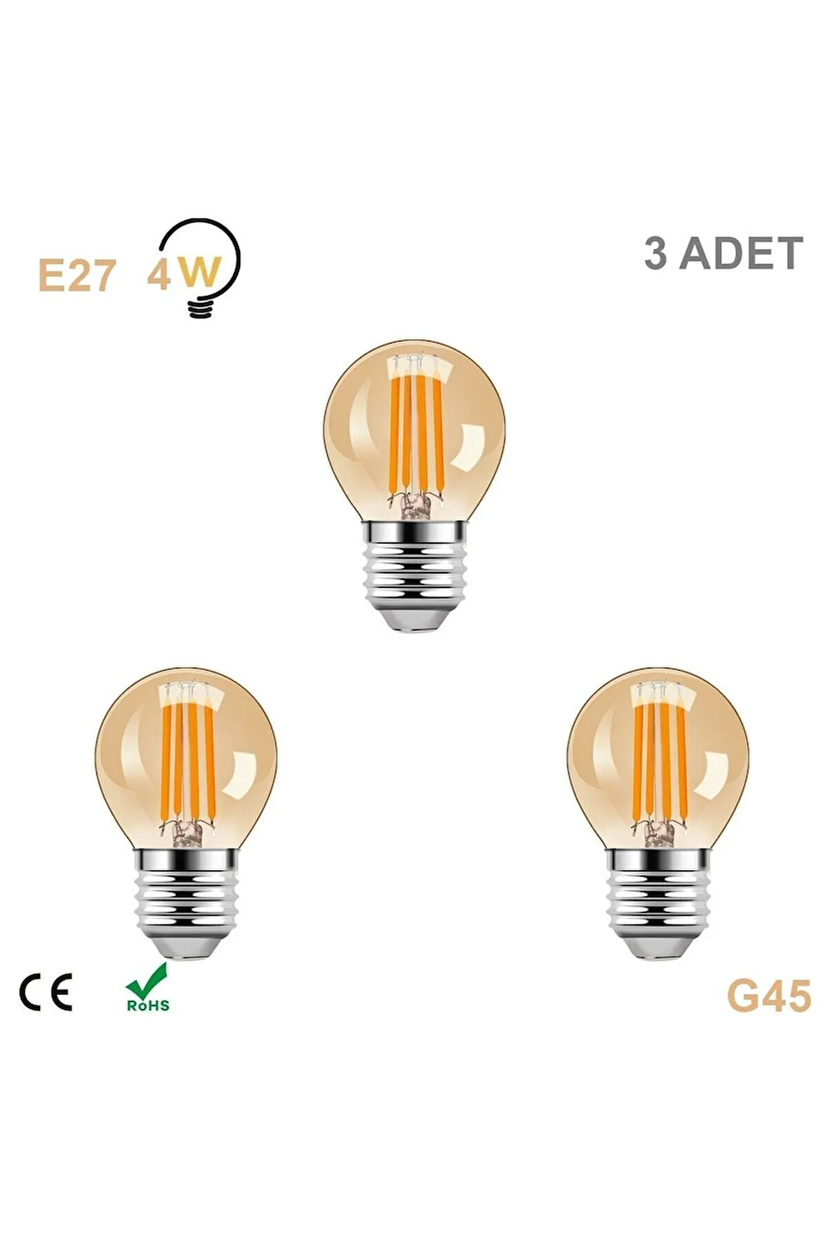 4 Watt Mini Top Ampul Led Filament G45 Amber Cam Rustik Ampul E27 Duy 1800k Amber Işık Rengi 3 Adet