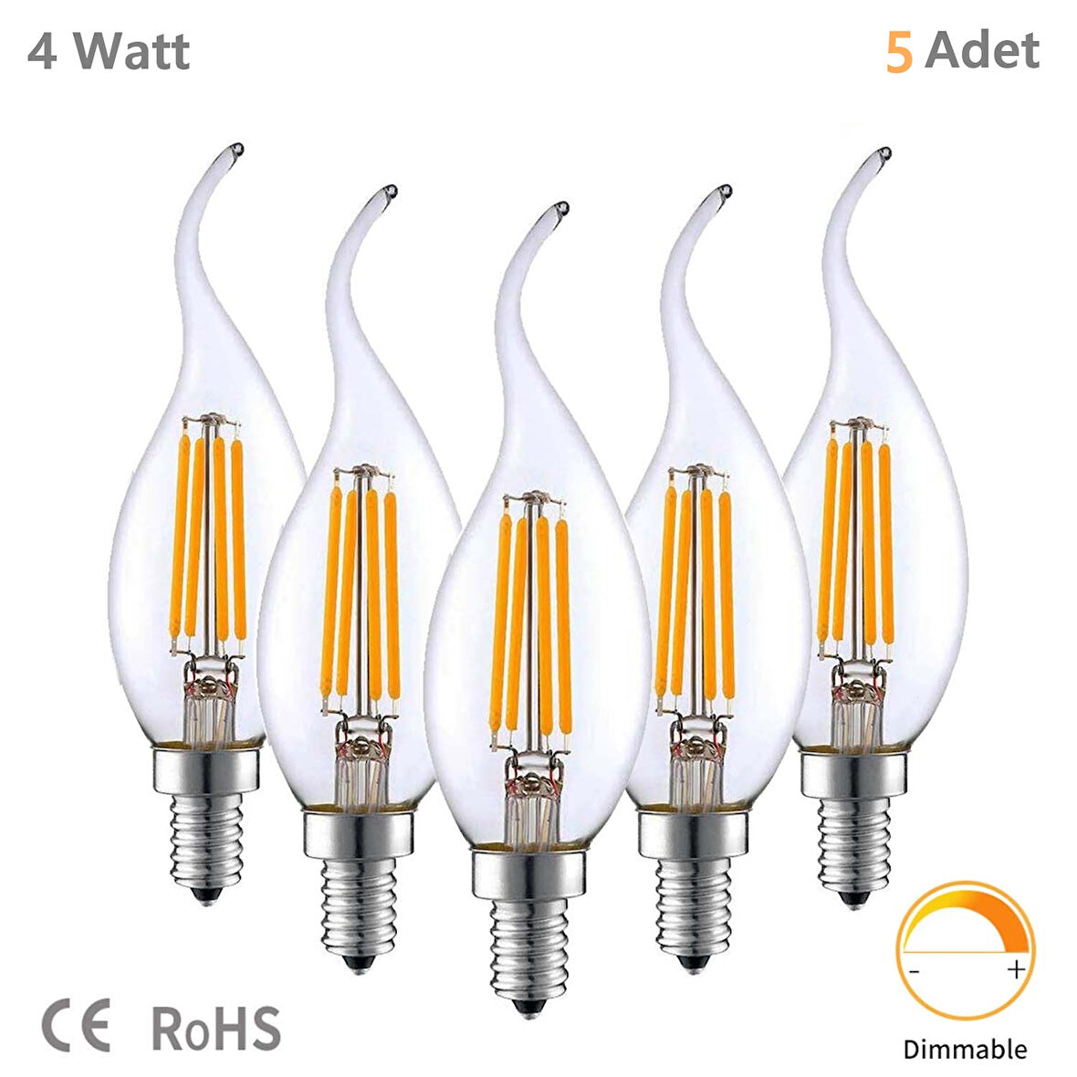 Rustik LED Ampul 4W E14 İnce Duy Gün Işığı 3200K 5 Adet Erd23 Lambam Dimmerli Kıvrık Mum Ampul