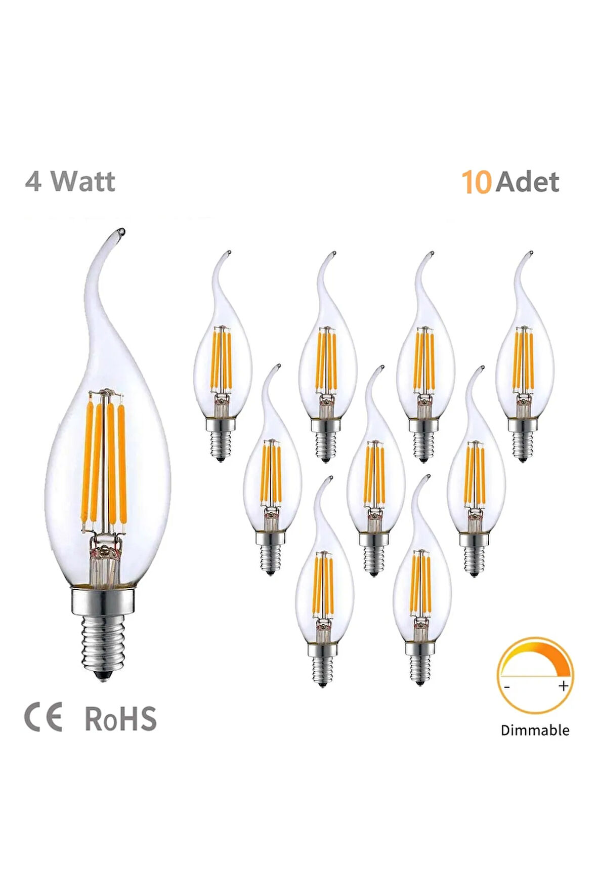 Rustik LED Ampul 4W E14 İnce Duy Gün Işığı 3200K 10 Adet Erd23 Lambam Dimmerli Kıvrık Mum Ampul