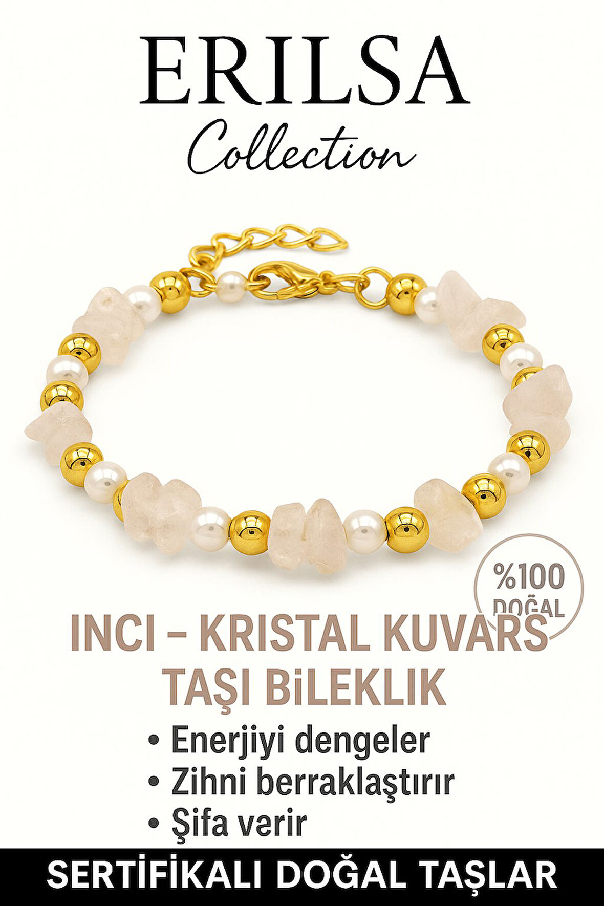 Sertifikalı İnci ve Kristal Kuvars Taşı Bileklik – Enerji Dengeleyici Şifa
