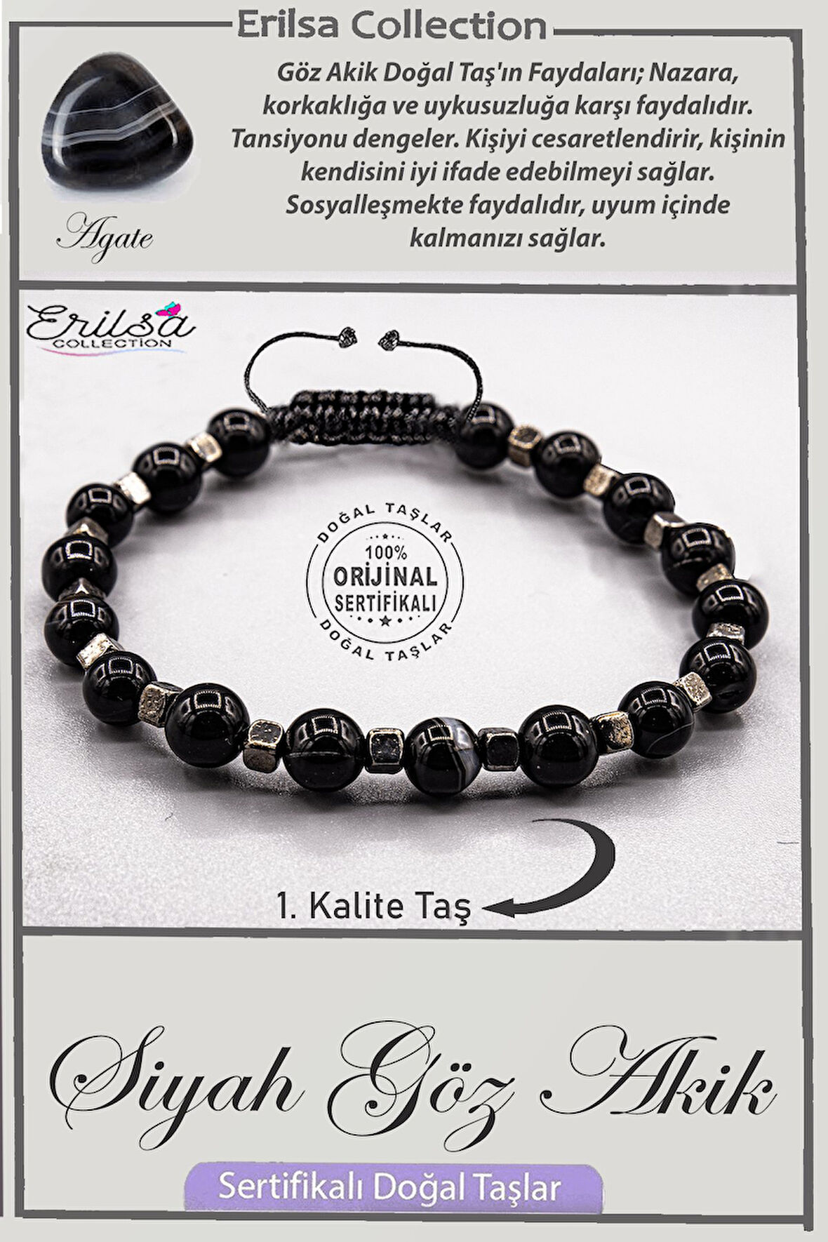 Sertifikalı AAA+ Kalite Gerçek Terahertz - Siyah Göz Akik Taşı Bileklik